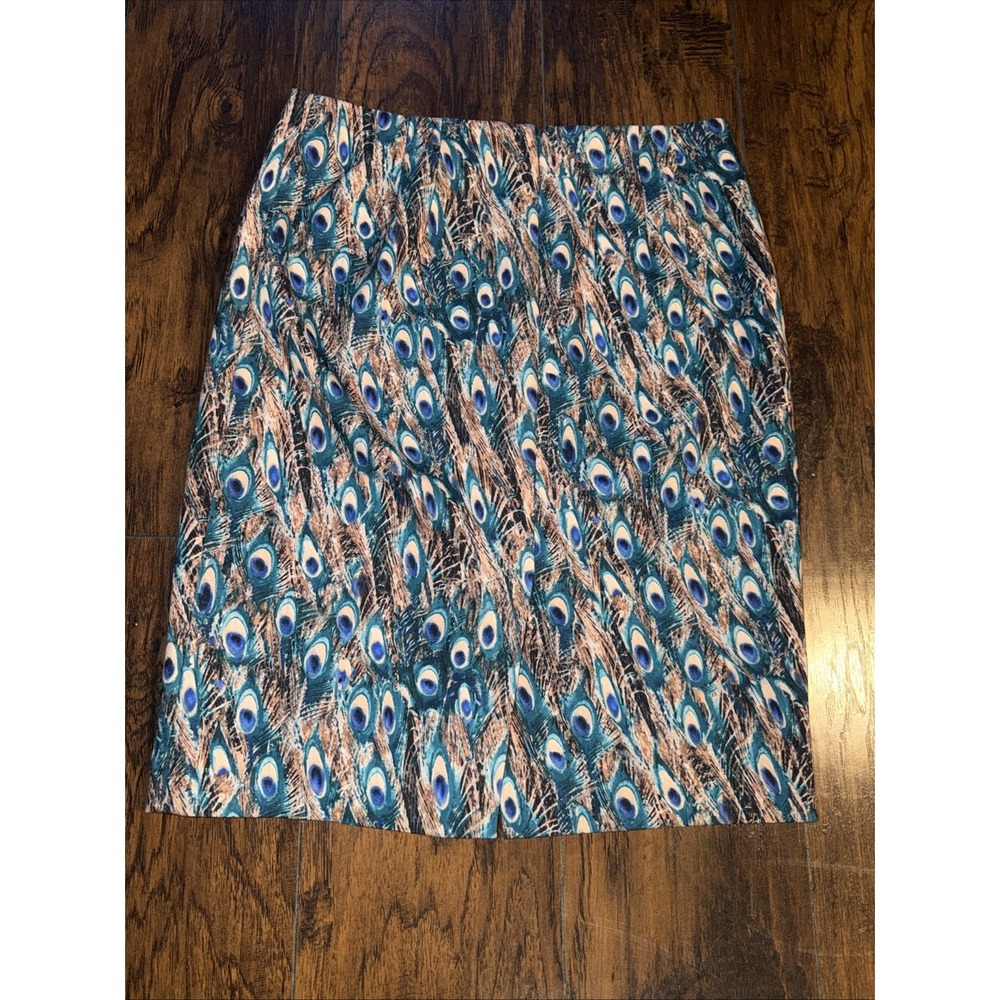 Talbots Pencil Skirt Peacock Feather Print 10 Teal Blue Career Office Whimsical